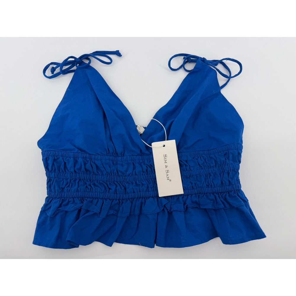 Sim & Sam Womens Cobalt Blue Smocked Ruffle Crop Top Tie Strap Medium